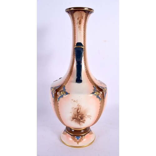 192 - HADLEY'S WORCESTER PANELLED OVOID TWO HANDLED VASE, PAINTED WITH BIRDS AMONGST FOLIAGE AND FLORAL SP... 