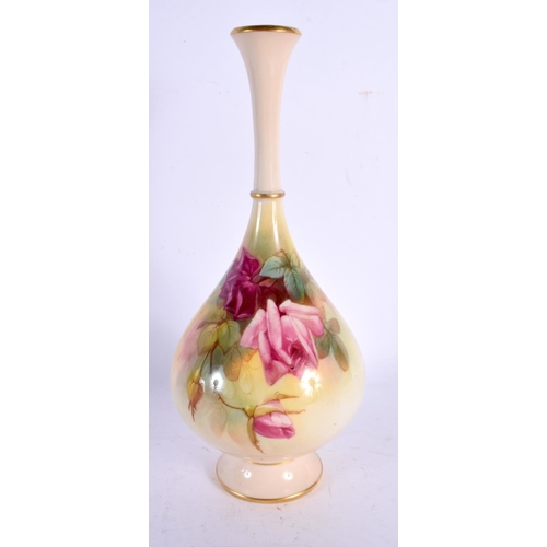 193 - ROYAL WORCESTER BOTTLE VASE PAINTED BY SEDGLEY, WITH ROSES IN HADLEY STYLE, 24.5CM HIGH, PRINTED CRO... 