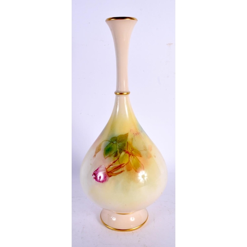 193 - ROYAL WORCESTER BOTTLE VASE PAINTED BY SEDGLEY, WITH ROSES IN HADLEY STYLE, 24.5CM HIGH, PRINTED CRO... 