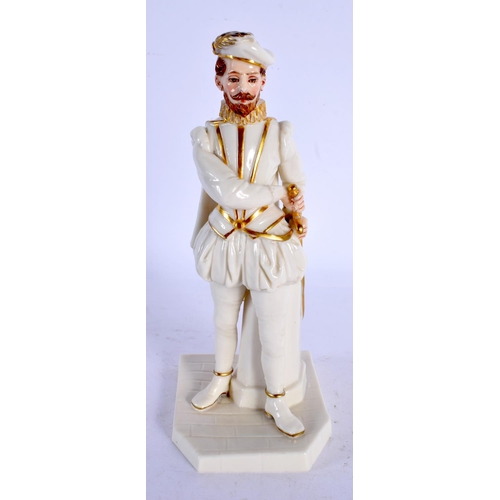 194 - ROYAL WORCESTER FIGURE, AFTER JAMES HADLEY, SIR WALTER RALEIGH, STANDING HOLDING HIS SWORD, PICKED O... 