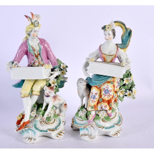 199 - DERBY PAIR OF SWEETMEAT FIGURES, EACH SEATED EACH WITH A RECTANGULAR BASKET ON THEIR LAP, PATCH MARK... 