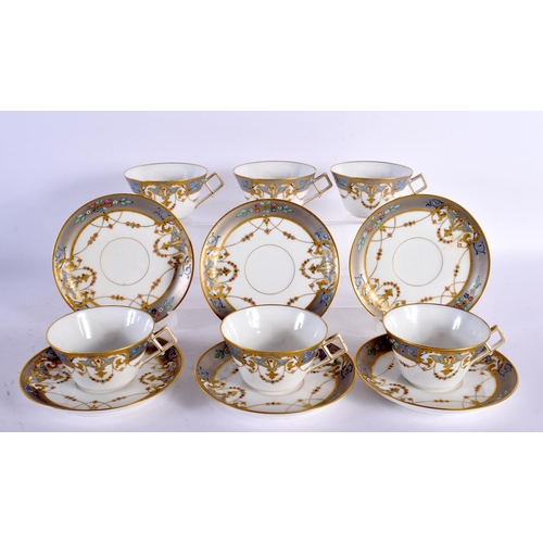 203 - 19TH CENTURY EUROPEAN SET OF SIX TEACUPS AND SAUCERS IN ART NOUVEAU STYLE , CUPS MARKED D T 3300