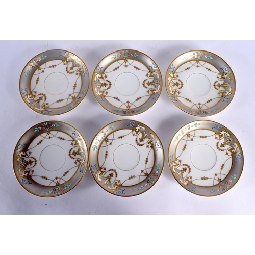 203 - 19TH CENTURY EUROPEAN SET OF SIX TEACUPS AND SAUCERS IN ART NOUVEAU STYLE , CUPS MARKED D T 3300