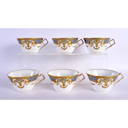 203 - 19TH CENTURY EUROPEAN SET OF SIX TEACUPS AND SAUCERS IN ART NOUVEAU STYLE , CUPS MARKED D T 3300