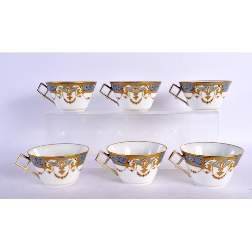 203 - 19TH CENTURY EUROPEAN SET OF SIX TEACUPS AND SAUCERS IN ART NOUVEAU STYLE , CUPS MARKED D T 3300