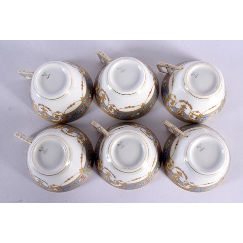 203 - 19TH CENTURY EUROPEAN SET OF SIX TEACUPS AND SAUCERS IN ART NOUVEAU STYLE , CUPS MARKED D T 3300