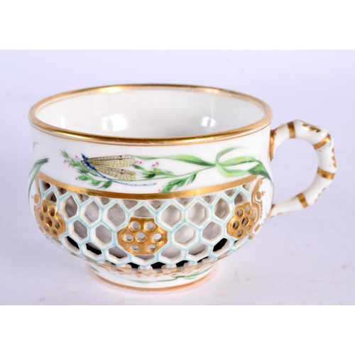 228 - ROYAL WORCESTER KERR AND BINNS RETICULATED CUP WITH HONEYCOMB PIERCINGS PAINTED WITH PLANTS AND INSE... 