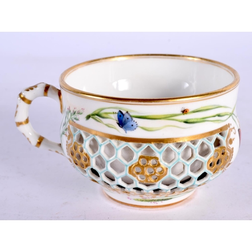 228 - ROYAL WORCESTER KERR AND BINNS RETICULATED CUP WITH HONEYCOMB PIERCINGS PAINTED WITH PLANTS AND INSE... 