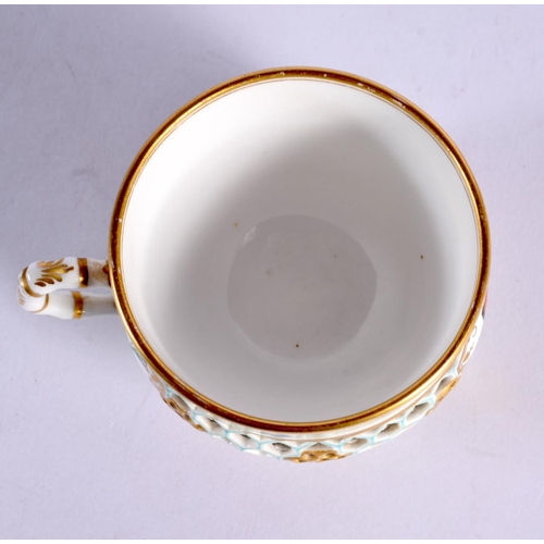 228 - ROYAL WORCESTER KERR AND BINNS RETICULATED CUP WITH HONEYCOMB PIERCINGS PAINTED WITH PLANTS AND INSE... 