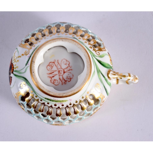 228 - ROYAL WORCESTER KERR AND BINNS RETICULATED CUP WITH HONEYCOMB PIERCINGS PAINTED WITH PLANTS AND INSE... 