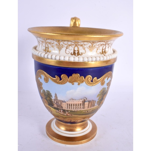 229 - CHAMBERLAINS WORCESTER LARGE PEDESTAL CUP WITH COBALT BLUE GROUND IN FRENCH EMPIRE STYLE PAINTED WIT... 