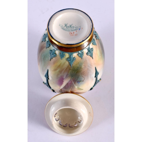 239 - HADLEY VASE AND COVER WITH MULTI-COLOURED CLAYS PAINTED WITH DAFFODILS, GREEN HADLEY WORCESTER ENGLA... 