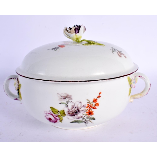 244 - 18TH CENTURY CHELSEA ECUELLE AND COVER PAINTED WITH FLOWERS IN MEISSEN STYLE, RED ANCHOR MARK