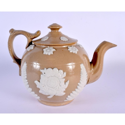 28 - AN UNUSUAL ANTIQUE DERBYSHIRE POTTERY TEAPOT AND COVER with family inscription. 21 cm x 18 cm.