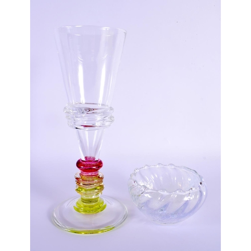 3 - A STYLISH MULTI COLOUR CRYSTAL GLASS WINE GOBLET together with a smaller art glass bowl. Largest 22 ... 