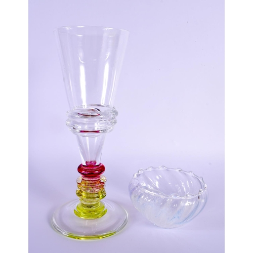 3 - A STYLISH MULTI COLOUR CRYSTAL GLASS WINE GOBLET together with a smaller art glass bowl. Largest 22 ... 