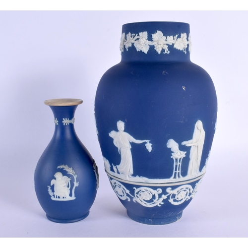 33 - AN ADAMS BLUE JASPER WARE PORCELAIN CLASSICAL VASE together with a smaller Wedgwood vase. Largest 22... 