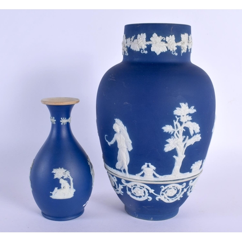 33 - AN ADAMS BLUE JASPER WARE PORCELAIN CLASSICAL VASE together with a smaller Wedgwood vase. Largest 22... 