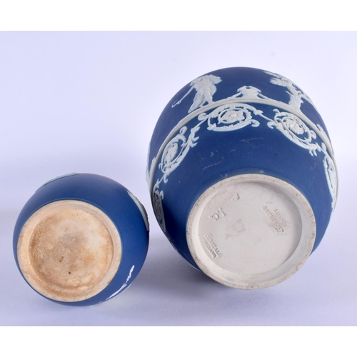 33 - AN ADAMS BLUE JASPER WARE PORCELAIN CLASSICAL VASE together with a smaller Wedgwood vase. Largest 22... 