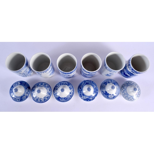 36 - A SET OF SIX SPODE BLUE AND WHITE PORCELAIN SPICE BOXES AND COVERS. 11.5 cm high. (6)