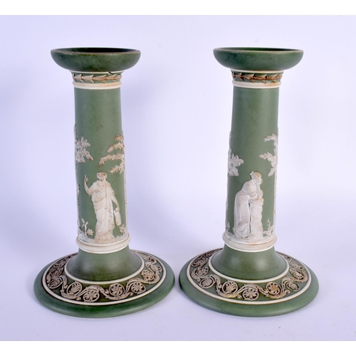 37 - AN UNUSUAL PAIR OF 19TH CENTURY WEDGWOOD GREEN JASPER WARE PORCELAIN CANDLESTICKS. 19 cm high.