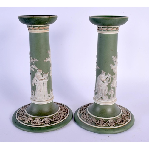 37 - AN UNUSUAL PAIR OF 19TH CENTURY WEDGWOOD GREEN JASPER WARE PORCELAIN CANDLESTICKS. 19 cm high.