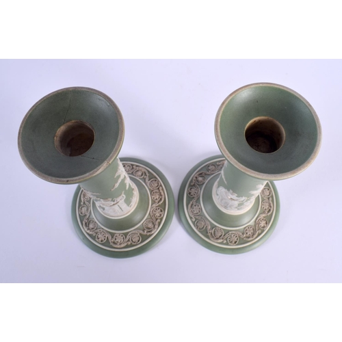 37 - AN UNUSUAL PAIR OF 19TH CENTURY WEDGWOOD GREEN JASPER WARE PORCELAIN CANDLESTICKS. 19 cm high.