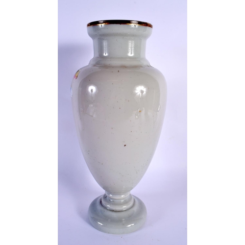 40 - A LARGE VICTORIAN OPALINE ENAMELLED GLASS VASE painted with flowers. 33 cm x 15 cm.