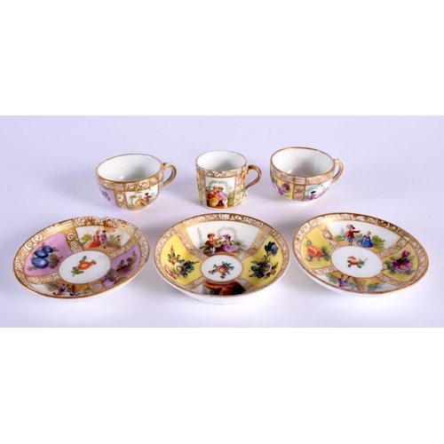 42 - THREE 19TH CENTURY MINIATURE DRESDEN PORCELAIN CUPS AND SAUCERS Meissen style. 7 cm wide. (6)