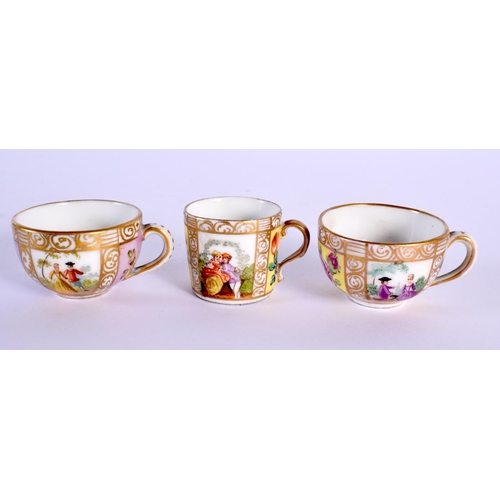 42 - THREE 19TH CENTURY MINIATURE DRESDEN PORCELAIN CUPS AND SAUCERS Meissen style. 7 cm wide. (6)