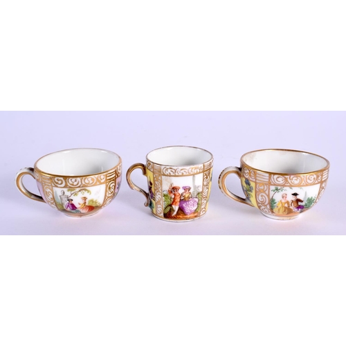 42 - THREE 19TH CENTURY MINIATURE DRESDEN PORCELAIN CUPS AND SAUCERS Meissen style. 7 cm wide. (6)