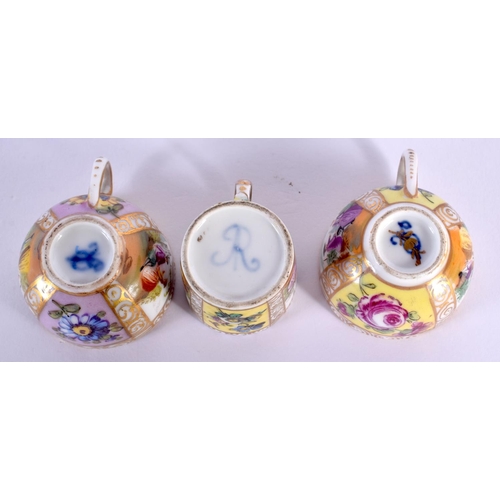 42 - THREE 19TH CENTURY MINIATURE DRESDEN PORCELAIN CUPS AND SAUCERS Meissen style. 7 cm wide. (6)