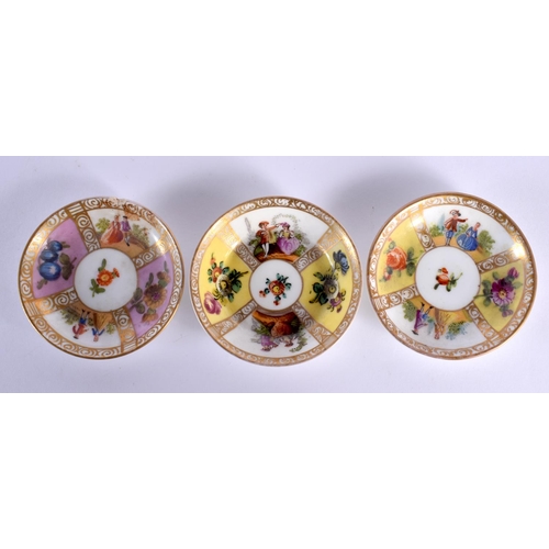 42 - THREE 19TH CENTURY MINIATURE DRESDEN PORCELAIN CUPS AND SAUCERS Meissen style. 7 cm wide. (6)