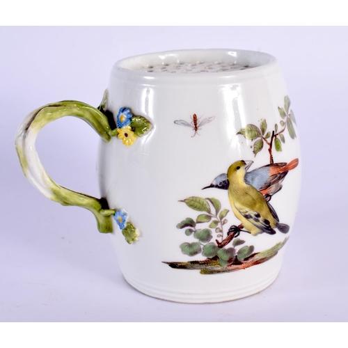 43 - A RARE 19TH CENTURY MEISSEN PORCELAIN SANDER POUNCE POT painted with birds. 7 cm x 8.5 cm.