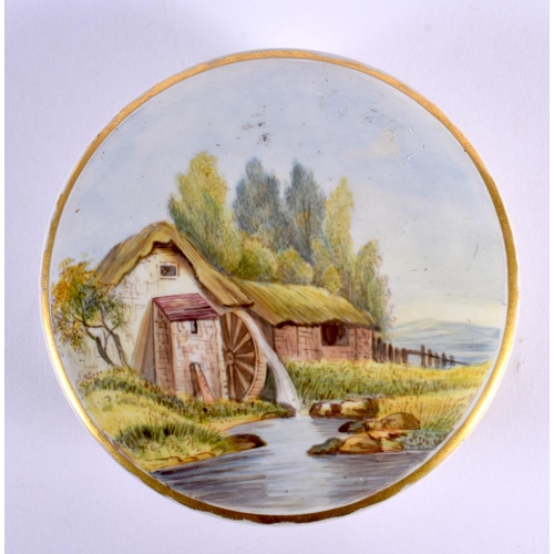 47 - AN UNUSUAL EARLY 19TH CENTURY ENGLISH PORCELAIN BOX AND COVER painted with seaweed and a rural mill.... 