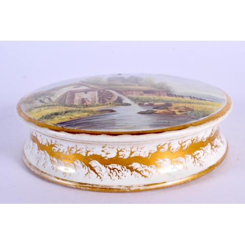 47 - AN UNUSUAL EARLY 19TH CENTURY ENGLISH PORCELAIN BOX AND COVER painted with seaweed and a rural mill.... 