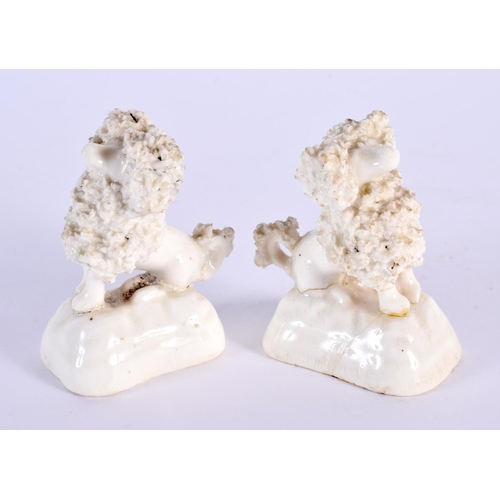 48 - A RARE PAIR OF 19TH CENTURY MINIATURE STAFFORDSHIRE POODLES. 5.5 cm high.