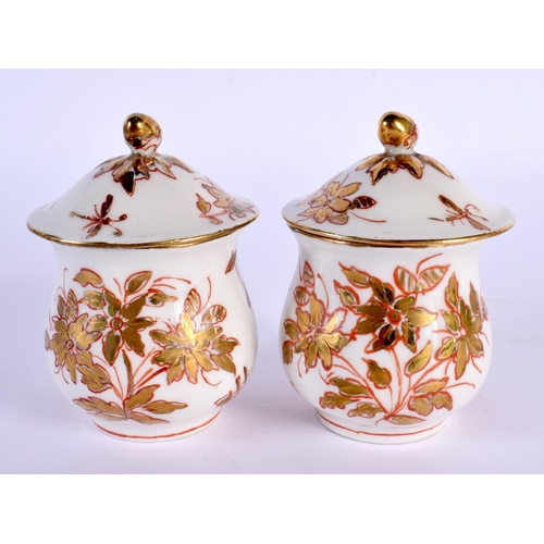 51 - AN UNUSUAL PAIR OF 19TH CENTURY CONTINENTAL PORCELAIN CUSTARD CUPS AND COVERS painted with unusual C... 