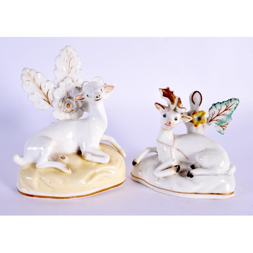 52 - TWO 19TH CENTURY ENGLISH WHITE GLAZED POTTERY ANIMALS possibly Derby. Largest 13 cm x 7 cm. (2)