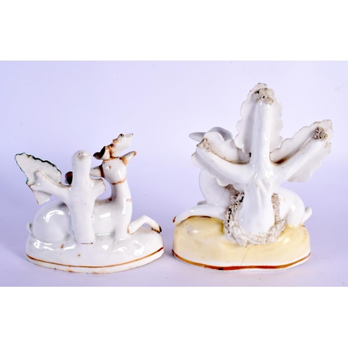 52 - TWO 19TH CENTURY ENGLISH WHITE GLAZED POTTERY ANIMALS possibly Derby. Largest 13 cm x 7 cm. (2)