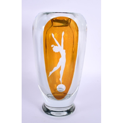 53 - A STYLISH ART DECO AMBER AND CLEAR GLASS VASE depicting a dancer. 21 cm high.