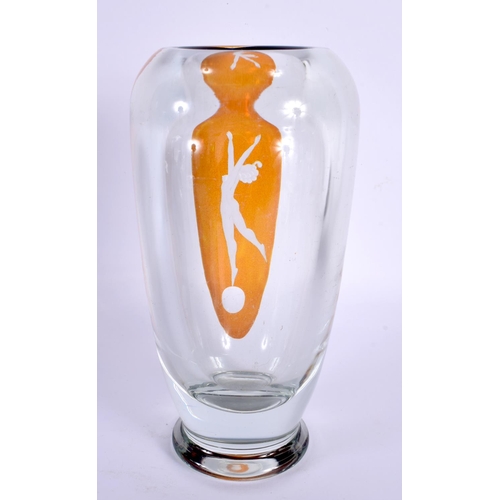 53 - A STYLISH ART DECO AMBER AND CLEAR GLASS VASE depicting a dancer. 21 cm high.