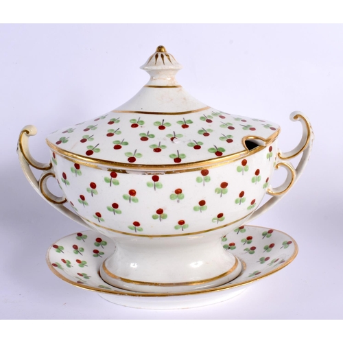 56 - A LATE 18TH CENTURY ENGLISH TWIN HANDLED SAUCE TUREEN AND COVER with stand. 21 cm x 18 cm. (2)