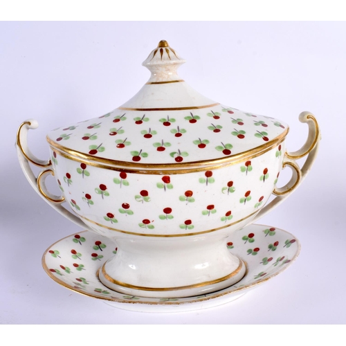 56 - A LATE 18TH CENTURY ENGLISH TWIN HANDLED SAUCE TUREEN AND COVER with stand. 21 cm x 18 cm. (2)