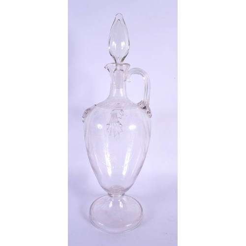 57 - A FINE ANTIQUE ENGRAVED GLASS DECANTER AND STOPPER decorated all over with motifs and raised shells.... 