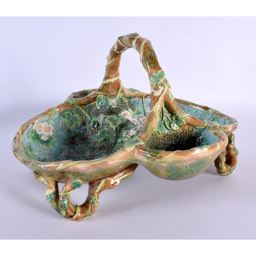 58 - A 19TH CENTURY ENGLISH MAJOLICA FOUR SECTIONED POTTERY SERVING DISH by George Jones. 28 cm x 18 cm.