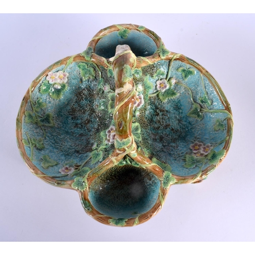 58 - A 19TH CENTURY ENGLISH MAJOLICA FOUR SECTIONED POTTERY SERVING DISH by George Jones. 28 cm x 18 cm.