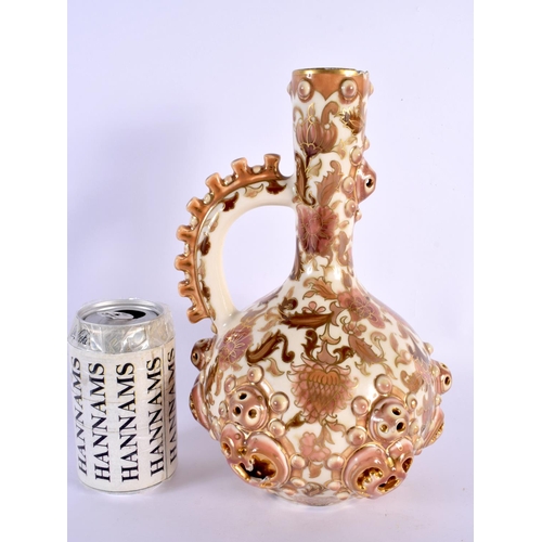 59 - A LARGE 19TH CENTURY HUNGARIAN ZSOLNAY PECS RETICULATED EWER painted with flowers. 28 cm high.