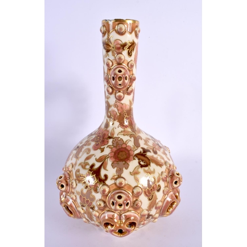 59 - A LARGE 19TH CENTURY HUNGARIAN ZSOLNAY PECS RETICULATED EWER painted with flowers. 28 cm high.