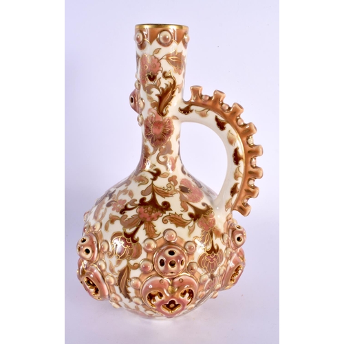 59 - A LARGE 19TH CENTURY HUNGARIAN ZSOLNAY PECS RETICULATED EWER painted with flowers. 28 cm high.